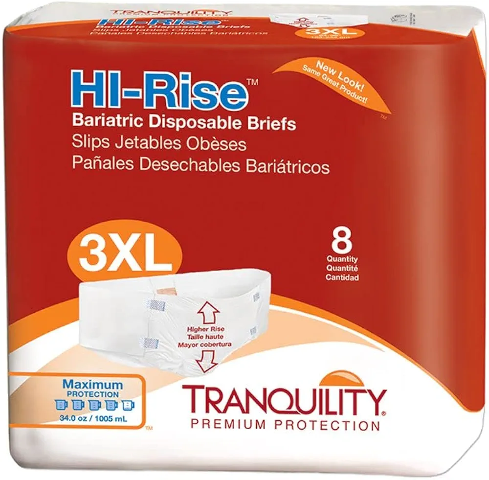 Tranquility Bariatric HI-Rise Disposable Briefs, 3X-Large, High Waistline with Peach Mat Core & Secure Kufguard Technology for Skin Integrity, Latex-Free, 34oz Capacity, 8ct Bag