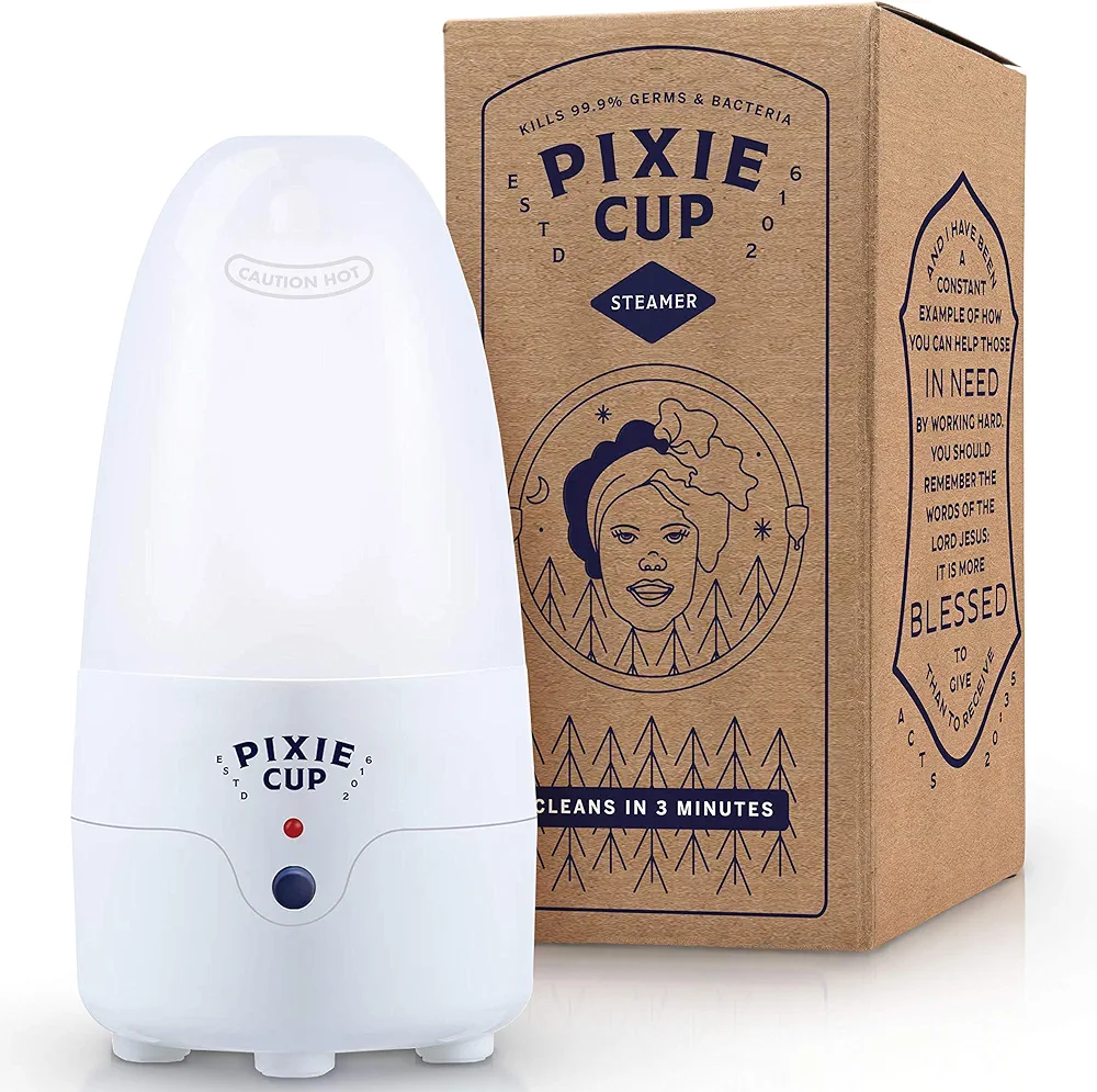 Pixie Menstrual Cup Sterilizer - Ranked 1 for The Best Steamer - Kills 99.9% of Germs with Cleaner Steam - Wash Your Period Cup or Disc in 3 Minutes! - Automatic Timing Shut-Off Switch