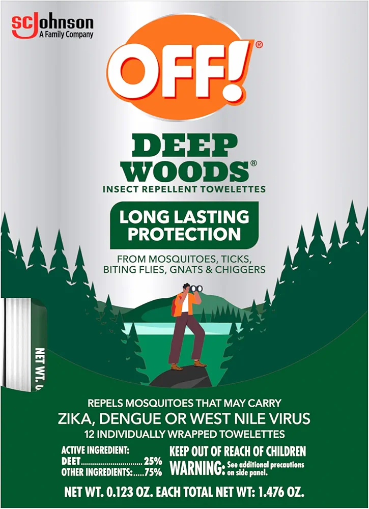 OFF! Deep Woods Mosquito and Insect Repellent Wipes, Long lasting, 12 Individually Wrapped Wipes