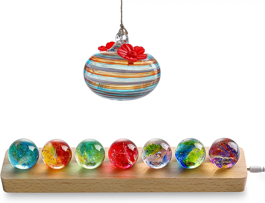 Small Glass Hummingbird Feeders for Outdoors and 7 Chakra Natural Healing Spheres with LED Wooden Stand Bundle