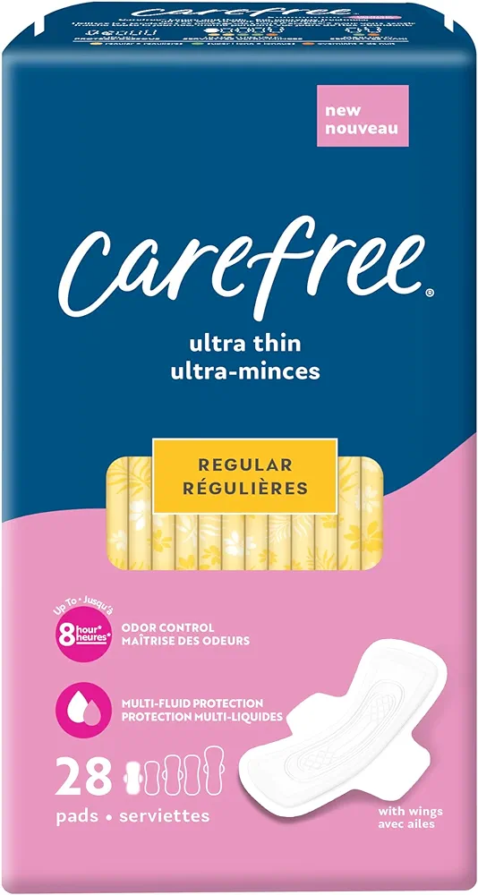 Carefree Ultra Thin Pads for Women, Regular Pads With Wings, 28ct | Carefree Pads, Feminine Care, Period Pads & Postpartum Pads | 28ct (Pack of 1)