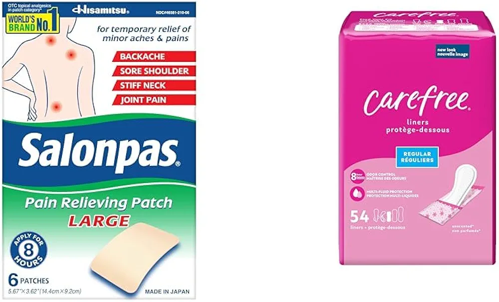 Salonpas Pain Relieving Patch, Large 6 Count and Carefree Panty Liners, Regular Liners, Unscented 54 Count