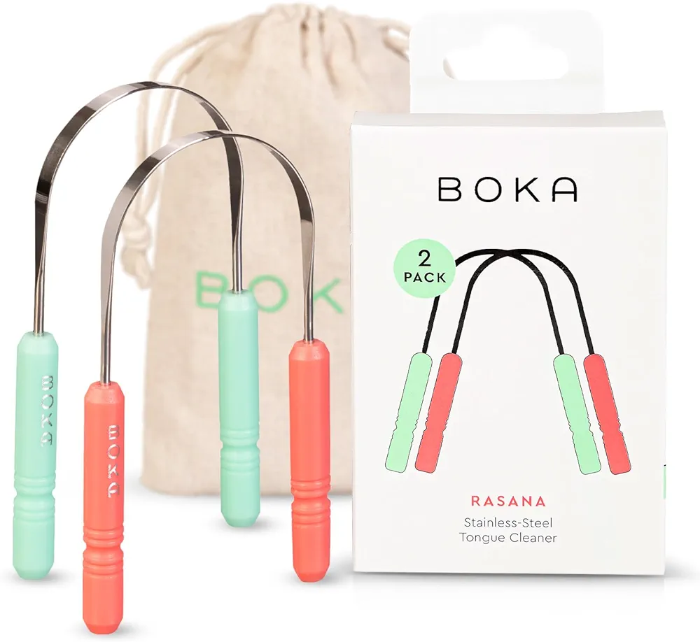 Boka Tongue Scraper for Adults & Kids with Case - Stainless Steel Tongue Cleaner w/Linen Travel Pouch - Scrubber to Remove Tongue Buildup and Freshen Breath (Pack of 2), Green and Pink