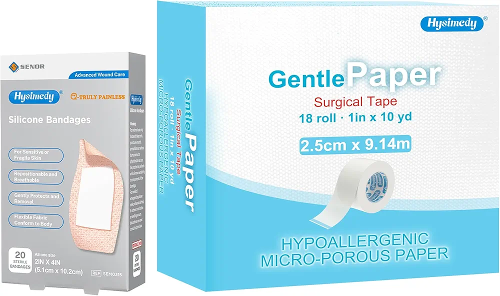 Silicone Bandages Extra Large Size for Sensitive Fragile Skin - 2"x4" 20 Counts + Medical Micropore Paper Tape 18 Rolls