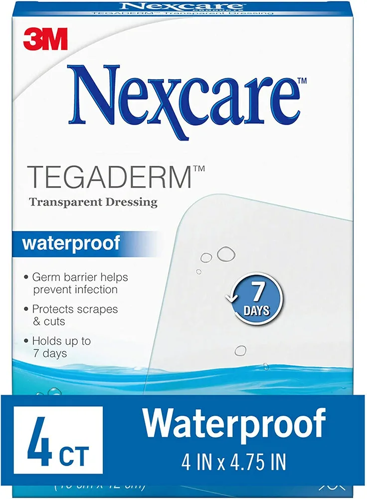 Nexcare Tegaderm Waterproof Transparent Dressing, Dirtproof, Germproof, Provides Protection To Minor Burns, Scrapes, Cuts, Blisters And Abrasions, 4 x 4.75 in, 4 Count