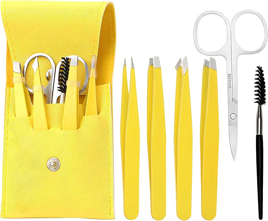 6 PCS Eyebrow Tweezers Set with PU Case, Complete Eyebrow Grooming Kit with 4 Tweezers, Scissors, and Brush