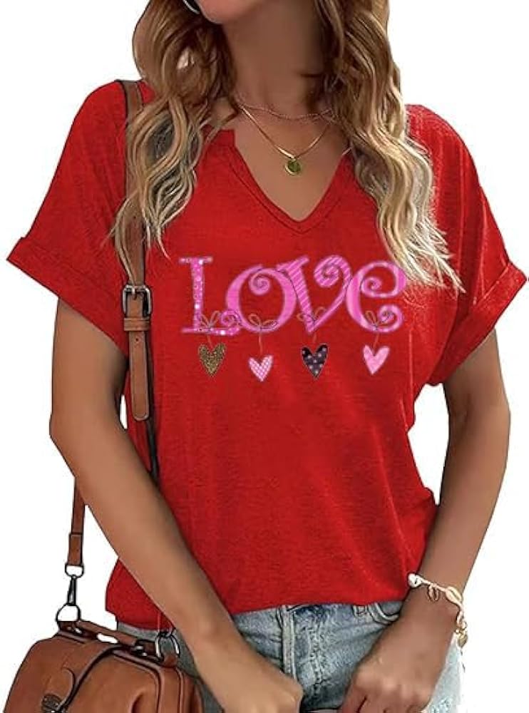 V-Neck Shirts for Women Cute Love Heart Tshirts Valentine Casual Blouse Spring Graphic Tops Tee Gifts