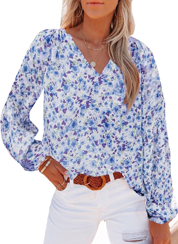 Dokotoo Women's Casual Boho Floral Print V Neck Long Sleeve T Shirt Blouses