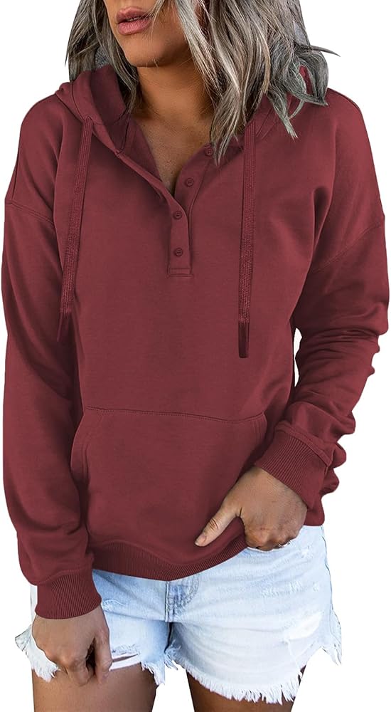 Women's Pullover Hoodies Tops Casual Button Down Drawstring Hooded Long Sleeve Sweatshirts With Pocket