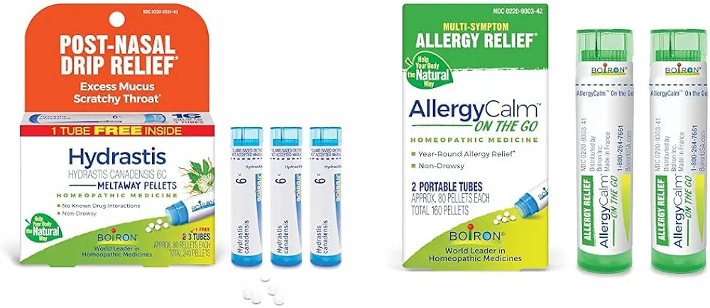 Boiron Homeopathic Bundle: Hydrastis Canadensis 6C for Post-Nasal Drip (3 Count) + AllergyCalm On The Go for Allergy Relief (2 Count)