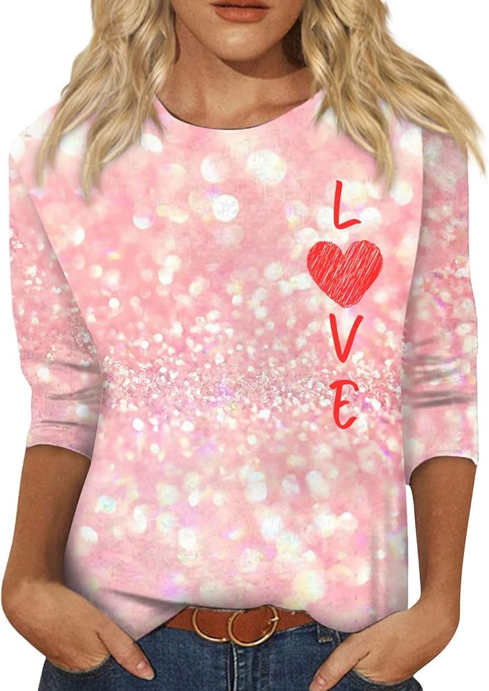 Big Valentines Shirt, Women's Casual Round Neck 3/4 Sleeve Loose Valentine's Day Hearts Printed T-Shirt Ladies Top