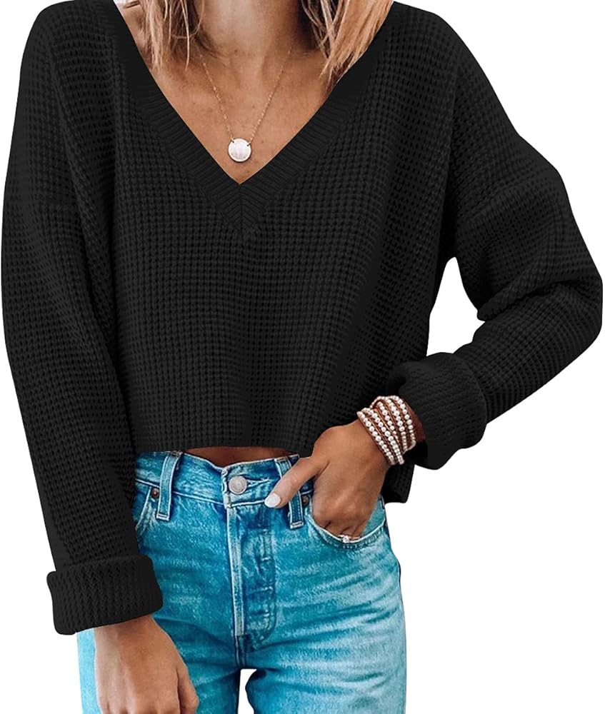 Jumppmile Womens V Neck Waffle Knit Cropped Top Long Sleeve Pullover Crop Sweater