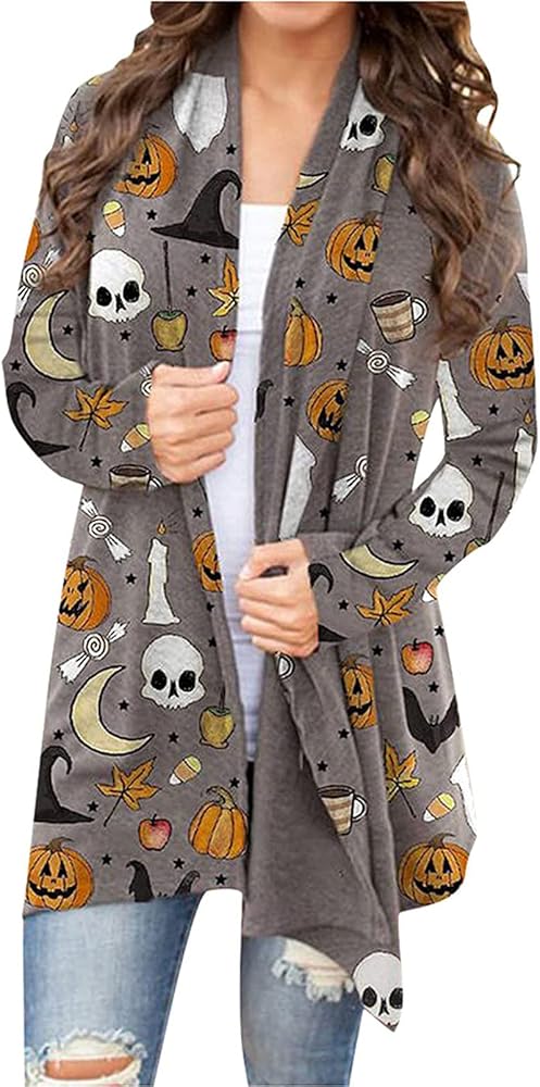 kinstell Women Halloween Long Sleeve Open Front Cardigan Pumpkin Animal Black Cat Ghost Lightweight Coat