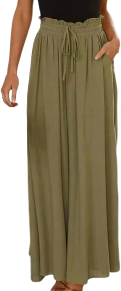 Pasgreson Women's Casual Wide Leg Pants Flowy Ruffle Elastic Drawstring Waist Beach Palazzo Loose Pants with Pockets