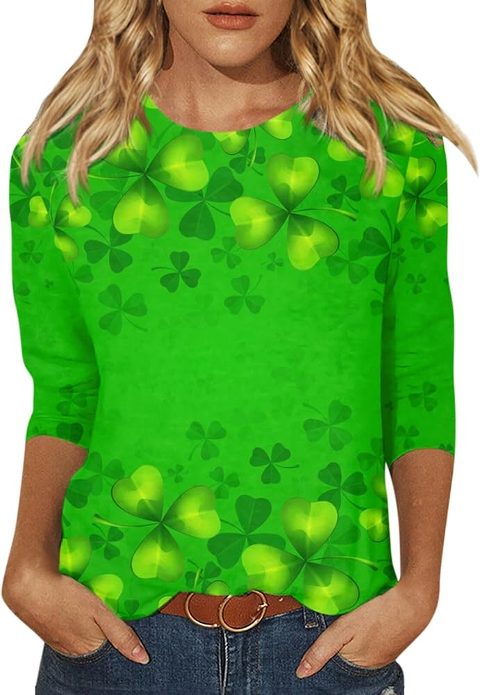 St. Patrick'S Day Womens Long Sleeve Shirts Women'S Fashion Casual 3/4 Sleeve Printed Round Neck Top