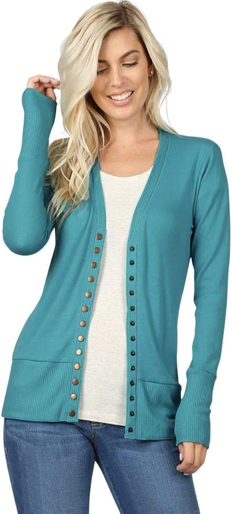 Cardigans for Women Long Sleeve Cardigan Knit Snap Button Sweater Regular & Plus - Dusty Teal (1X)