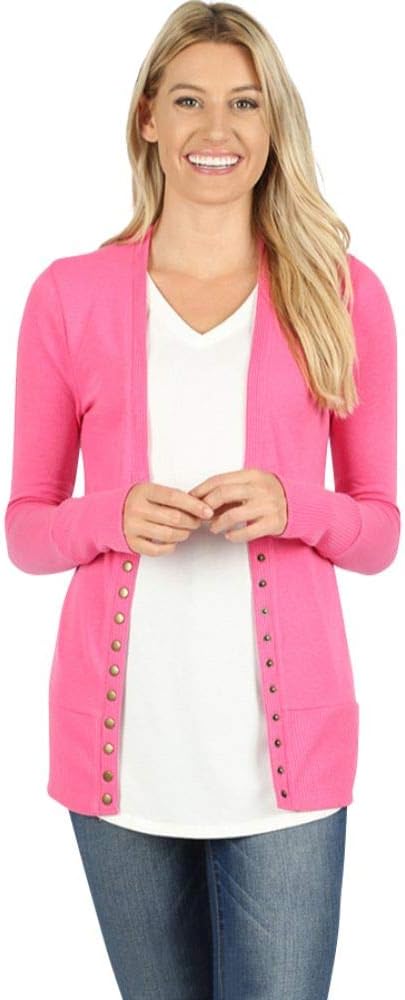 Cardigans for Women Long Sleeve Cardigan Knit Snap Button Sweater Regular & Plus - Fuchsia (X-Large)