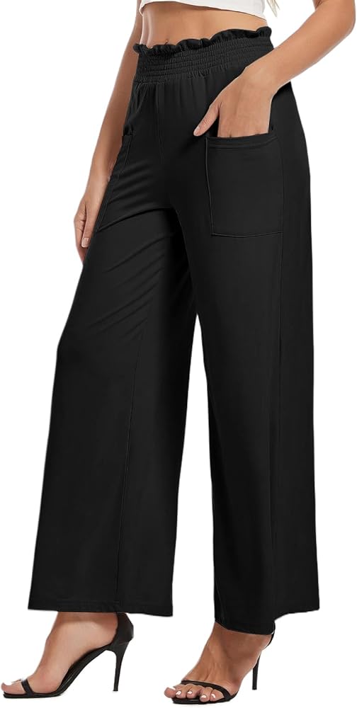 sandbank Women's High Waist Wide Leg Pants Casual Loose Fitted Palazzo Trousers Flowy Elastic Waist Pants with Pockets