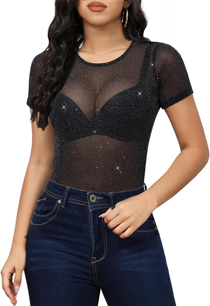 Allchic Glitter Sheer Mesh Tops for Women Short Sleeve Blouses Club T Shirts