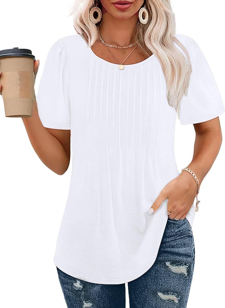 AGSEEM Womens T Shirts Short Sleeve Pleated Dressy Casual Scooped Neck Summer Tops Blouses