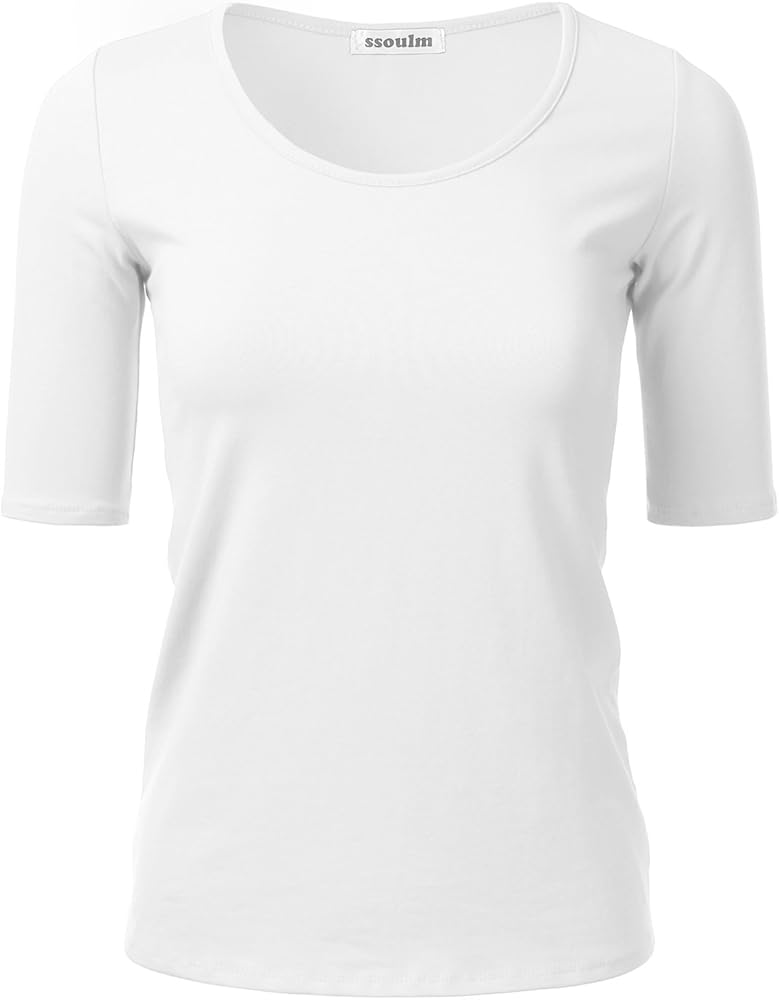 SSOULM Women's 1/2 Sleeve Scoopneck Cotton Basic Slim Fit T-Shirt Top with Plus Size