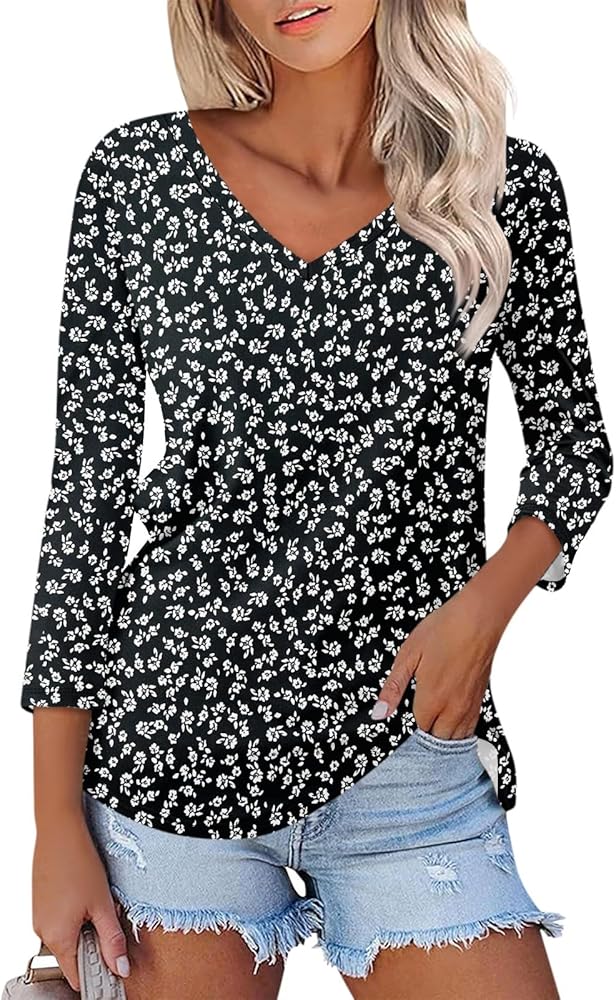 Women's Fashion Casual V Neck 3/4 Sleeve Loose Printed T-Shirt Ladies Top Summer Tops Loose Fit Blouse