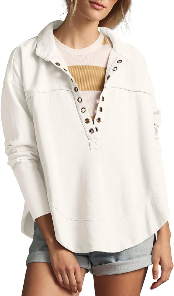 Fisoew Womens V Neck Pullover Tops Oversized Collared Long Sleeve Lightweight Casual Sweatshirts