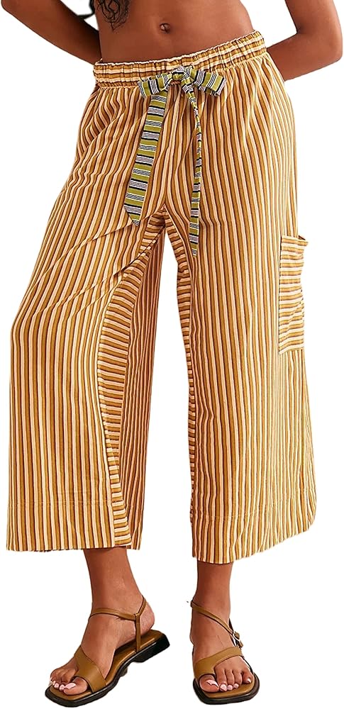 Women Striped High Waist Wide Leg Palazzo Pants Trousers Drawstring Cropped Pants with Pockets Capris Pants