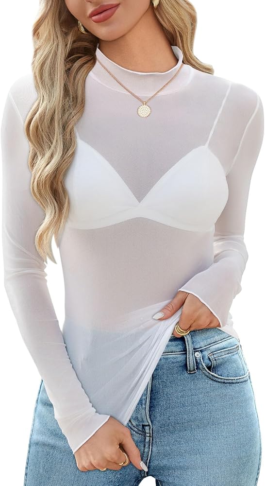 OFEEFAN Womens Long Sleeve Mesh Top See Through Mock Neck Sheer Blouses