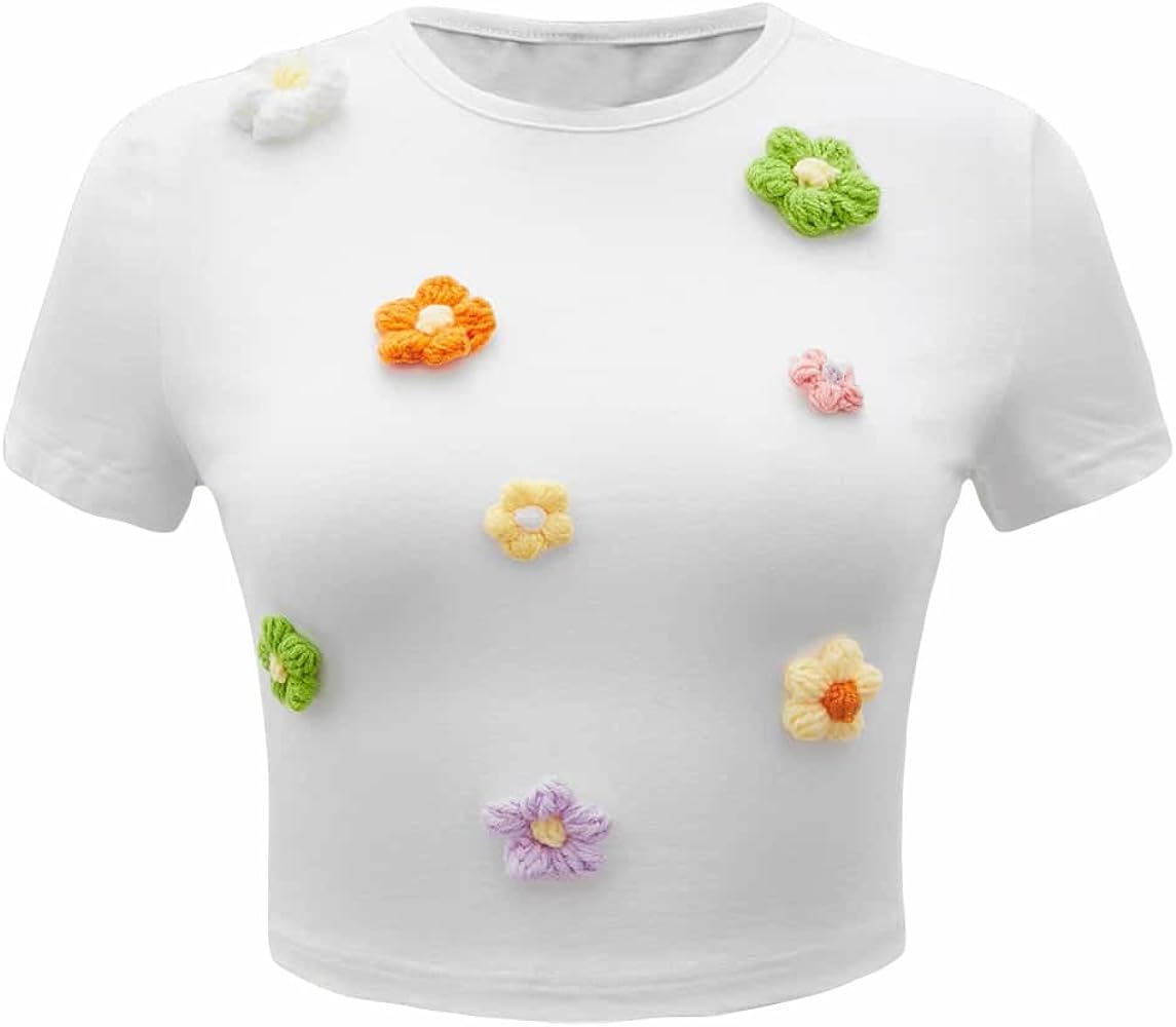 Verdusa Women's Floral Appliques Crop Tee Top Short Sleeve Round Neck T Shirts