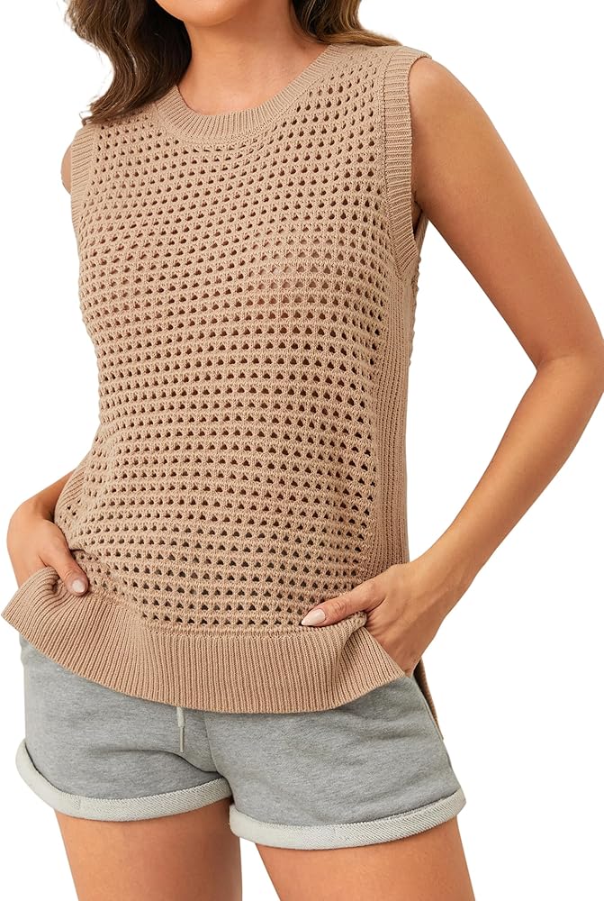 Women's Sleeveless Crochet Sweater Tank Hollow Out Round Neck Side Split Casual See Through Knit Sweater Vest