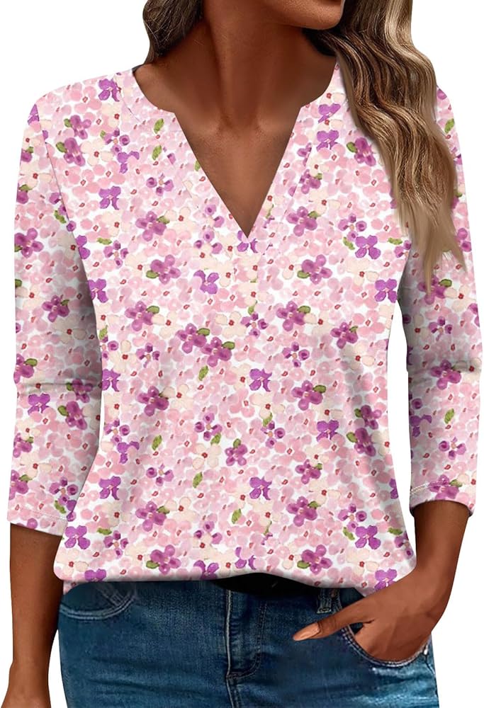 Women Tops Long Sleeve V Neck Trendy Tees Floral Clothes Print Tunics Casual Blouses