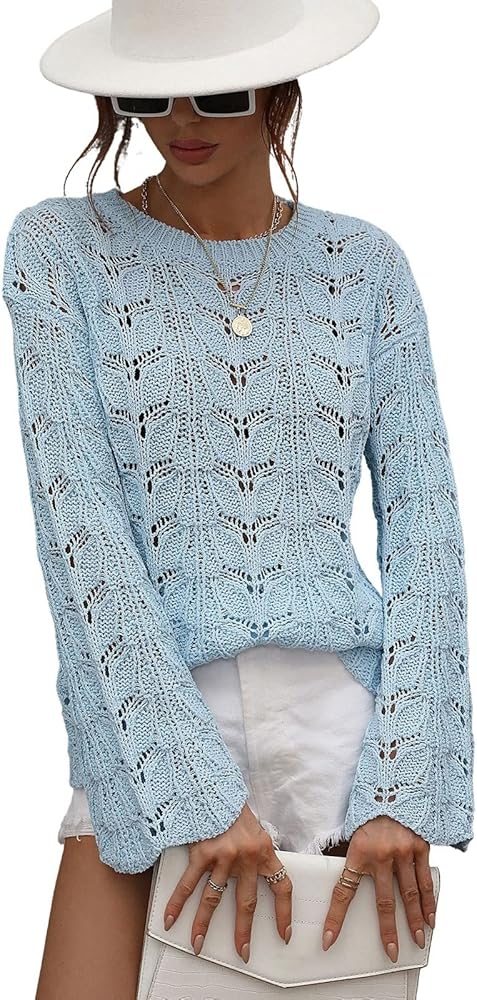 chouyatou Women's Spring Bell Sleeve Crochet Sweater Boho Hollow Out Pullover Sweater Tops Blouse