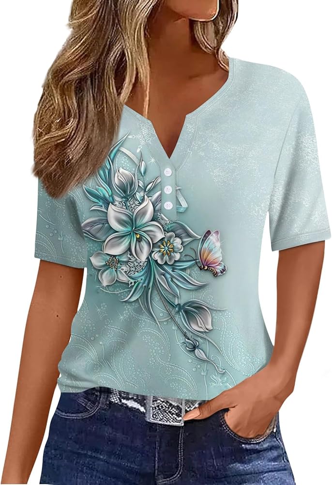 Summer Tops for Women 2024 Vacation Trendy V Neck Floral Short Sleeve Shirts Casual Loose Comfy Tunic Clothes