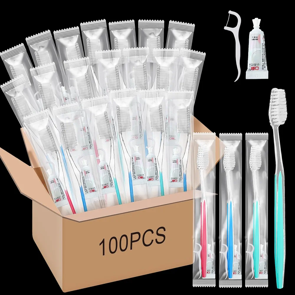 Maxcheck 100 Sets Disposable Toothbrushes Bulk with Toothpaste and Dental Floss Individually Wrapped Travel Toothbrush Set Homeless Supplies for Hotel Guest