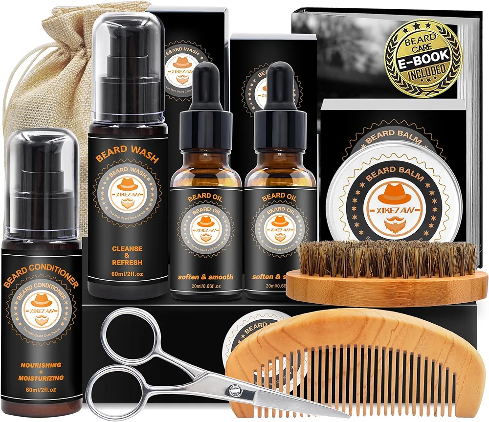 XIKEZAN Upgraded Beard Grooming Kit w/Beard Conditioner,Beard Oil,Beard Balm,Beard Brush,Beard Wash,Beard Comb,Beard Scissor,Bag,E-Book,Beard Care Daddy Gifts for Men Him Dad Husband Boyfriend