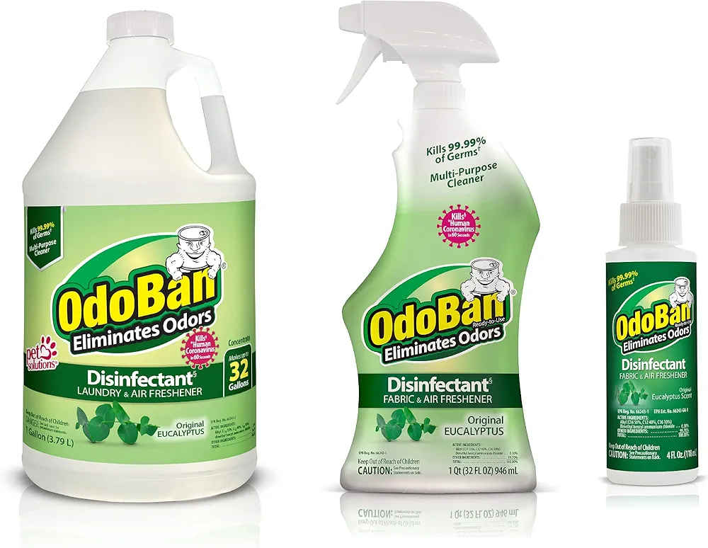 OdoBan Ready-to-Use Disinfectant and Odor Eliminator, Set of 3 Spray Bottles, 32 Ounce & Solid Odor Absorber Eliminator for Home and Small Spaces, Fresh Linen Scent, 14 Ounces Each, 6-Pack