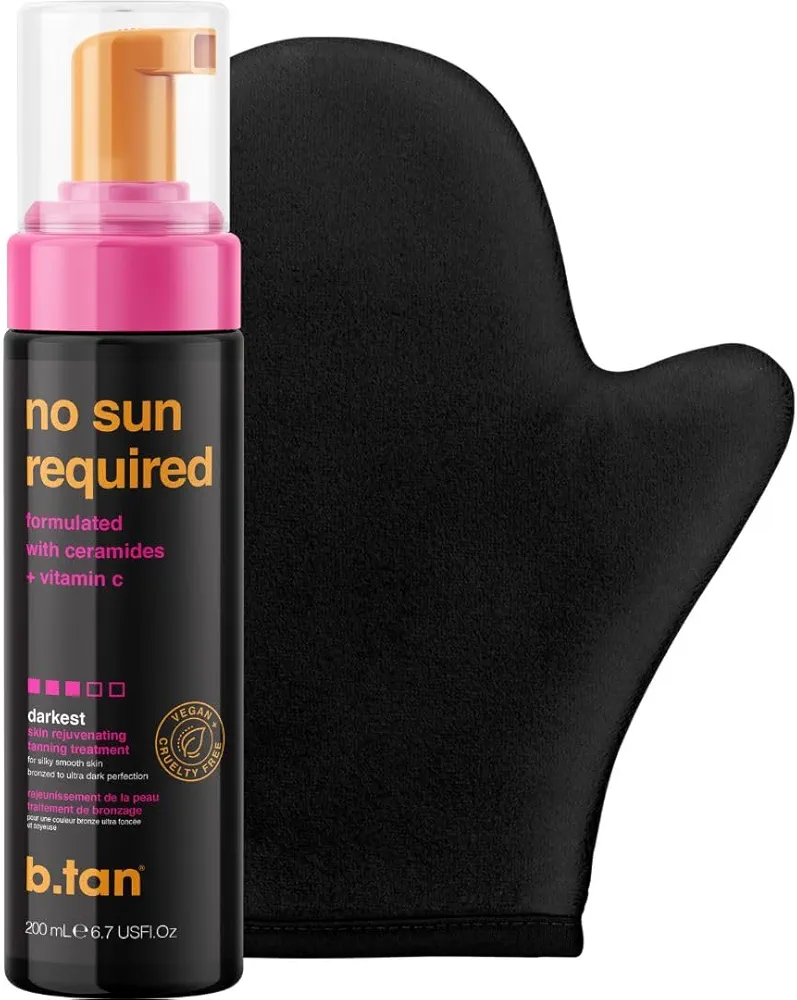 b.tan Darkest Self Tanner Mousse Kit | No Sun Required Bundle - Rejuvenating Self Tanning Treatment w/Mitt, Ceramides + Vitamin C, 1 hr Sunless Tanner Mousse, No Fake Tan Smell, 6.7 Fl Oz