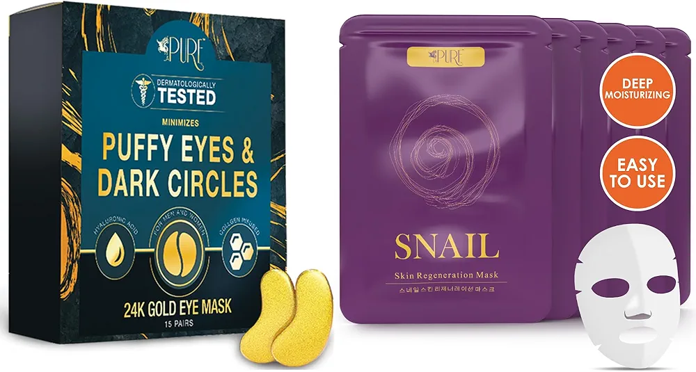 Face and Eye Care Bundle - Korean Snail Mucin Sheet Mask and 24k Gold Under Eye Masks Anti Wrinkle Anti Aging Cruelty Free Skincare