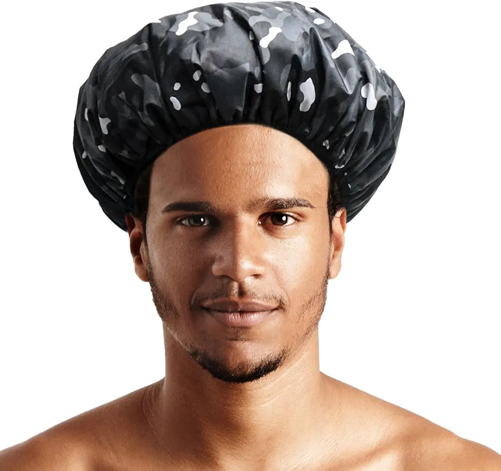 Reusable Mens Nylon Shower Cap & Bath Cap W/Plush Terry Cloth Lining, Large Waterproof Shower Caps Designed for all Hair Lengths & Elastic Band Stretch Hem Hair Hat - Black Camo