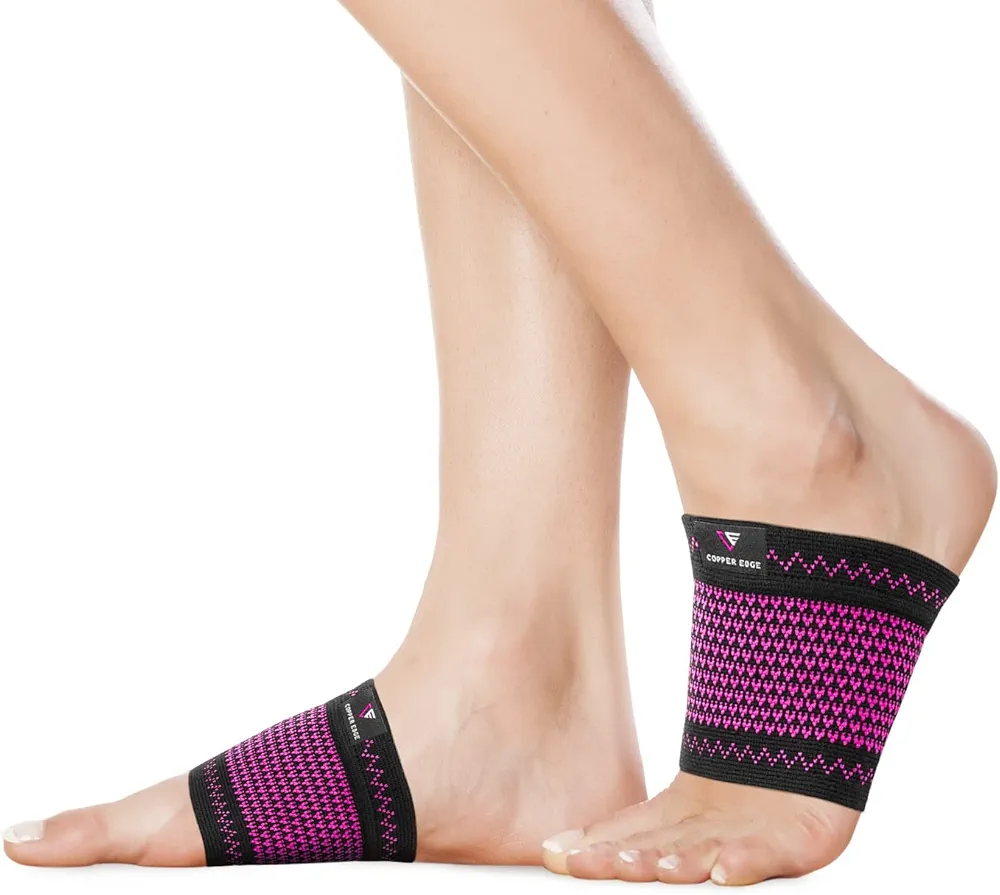 Copper Arch Support - 2 Plantar Fasciitis Braces/Sleeves. Foot Care, Heel Spurs, Feet Pain Relief, Flat & Fallen Arches, High Arch (Pink) Copper Edge Copper Arch Support for Plantar Fasciitis. 2 Half Socks/Sleeve Compression Brace for Women and Men. Orthotics Feet Pain Aid Fit for Flat/High/Fallen Arches & Foot Care (Pink)