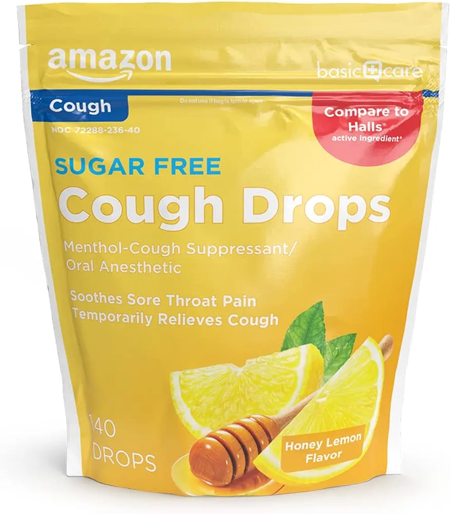 Amazon Basic Care Sugar Free Honey Lemon Cough Drops, 140 Count (Compare to Halls)