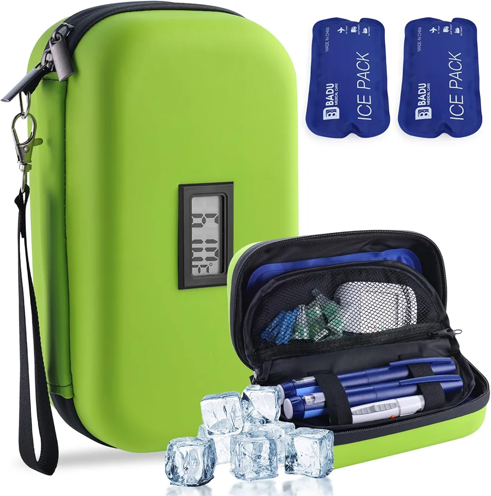 24h Insulin Cooler Travel Case TSA Approved Refrigerated Medicine Cooler for Travel w/Thermometer Temperature Display Diabetic Travel Case Bag w/2 Reusable Ice Packs for Daily Life Trip