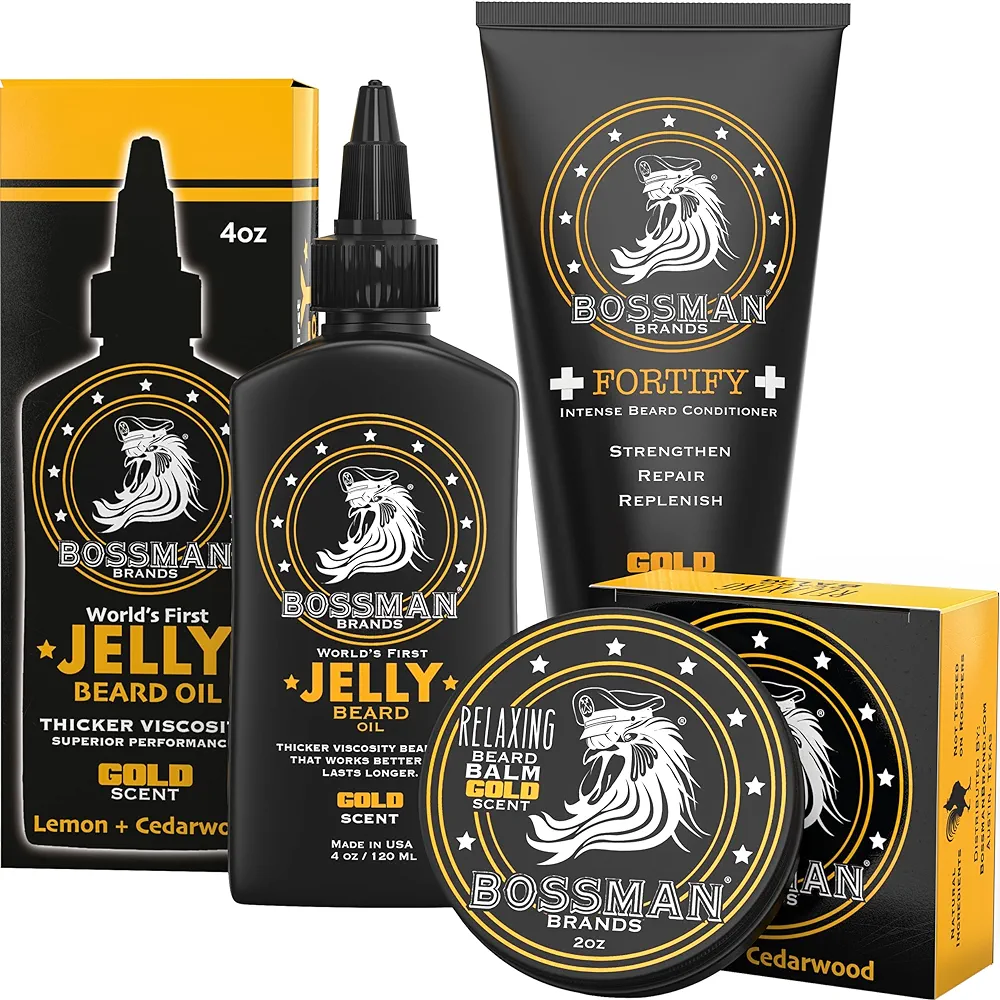 Bossman Essentials Beard Kit for Men - Beard Oil Jelly, Fortifying Conditioner Cream, Beard Balm - Grooming Growth Care Accessories (Gold)