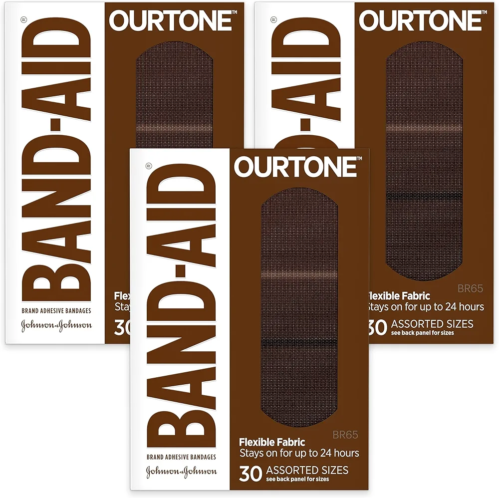 Band-Aid Brand Ourtone Adhesive Bandages, Flexible Protection & Care of Minor Cuts & Scrapes, Quilt-Aid Pad for Painful Wounds, BR65, Assorted Sizes, 30 ct, Pack of 3