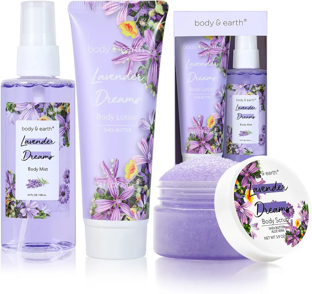 BODY & EARTH Body Mist Gift Set - Spa Gifts for Women, Perfume, Body Lotion, and Body Scrub in a Lavender Dreams Box- Perfect Birthday Gifts for Moms, and Special Occasions,Unique Gift Ideas for Her