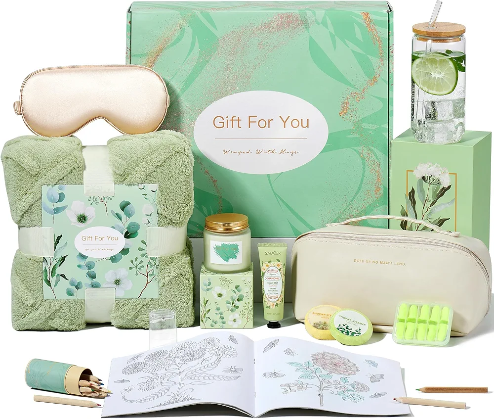 Get Well Gifts for Women,Self Care Gifts for Women,11 Pcs Relaxing Spa Gifts Care Package Gift Baskets with Green Blanket-Birthday, Christmas Gifts for Women Mom Sister Friends Wife Girlfriend