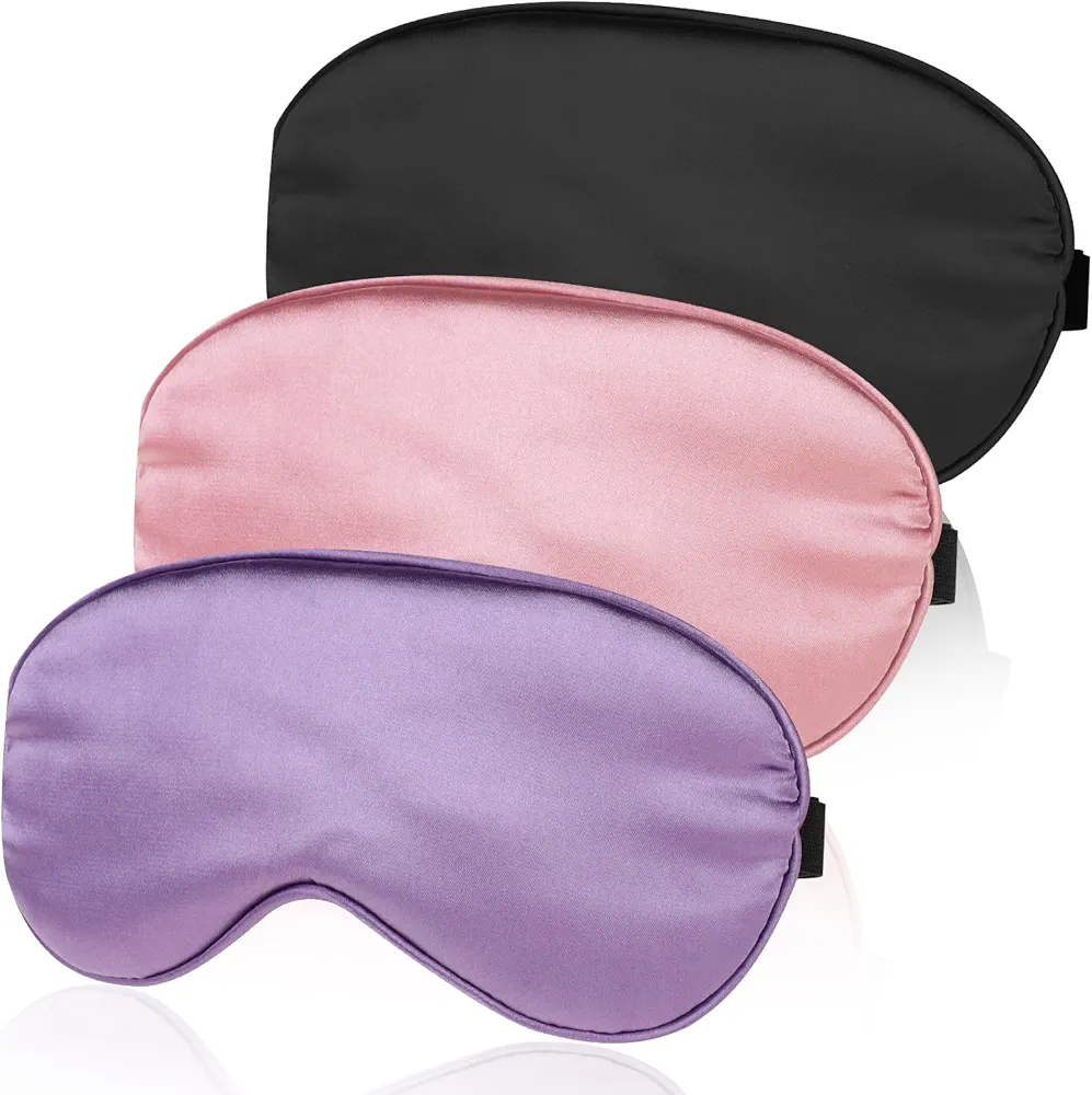 3 Pack Satin Sleep Mask Super Soft Eye Mask Sleep with Adjustable Strap, Comfortable Blackout Eye Mask for Sleeping, Reusable Eye Mask for Women Men Night Sleep(Black + Pink + Dark Purple)