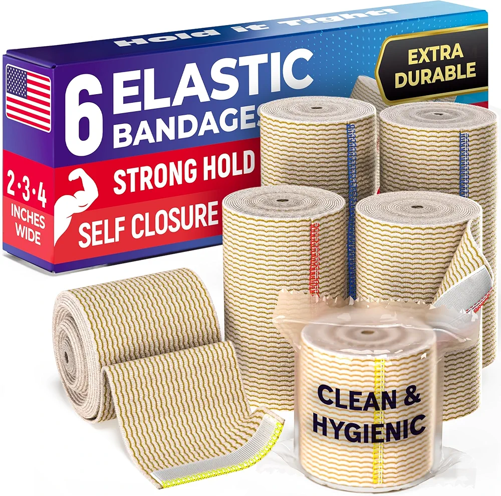 High-Performance Elastic Bandage Wrap - 6pk (2x2", 2x3", 2x4") Strong Self-Closing Compression Bandage Wrap - Foot, Ankle, Wrist, Knee Wrap