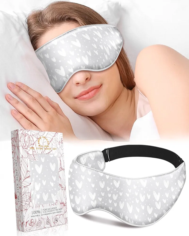 Silk Weighted Eye Mask - Microwave Eye Mask Heat and Cold Warm Compress for Sleeping Dry Eyes Pillow Soft Smooth Lavender Mulberry Silk Sleep Mask for Women Wife Mom - Grey Heart